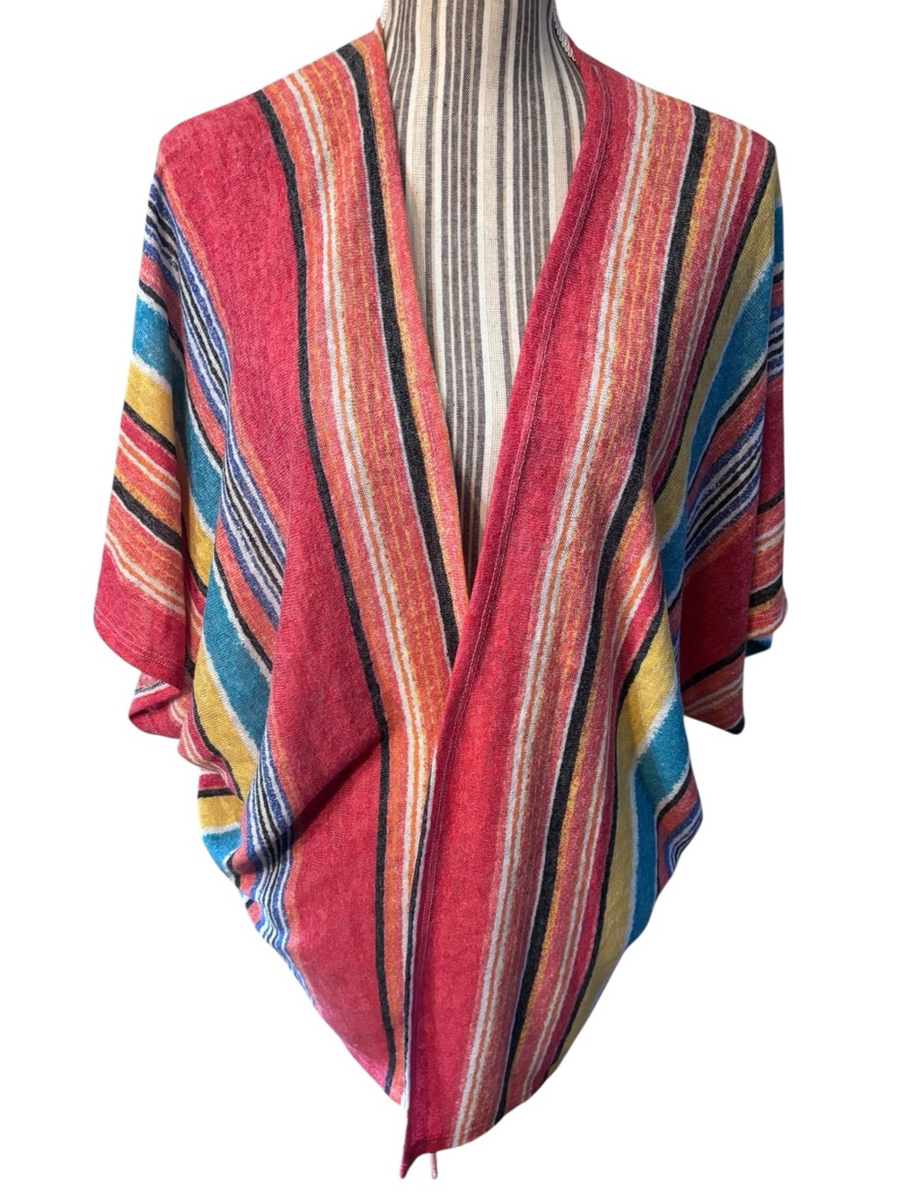 My Story Cardigan Poncho Large Striped Open Front Sweater Red Blue Yellow